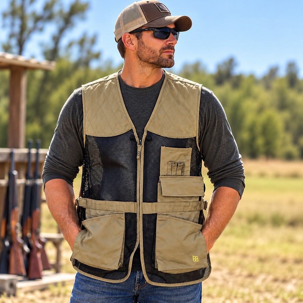 Bob Allen L/XL Khaki Black Mesh Shooting Vest Trap Skeet Clay Hunting